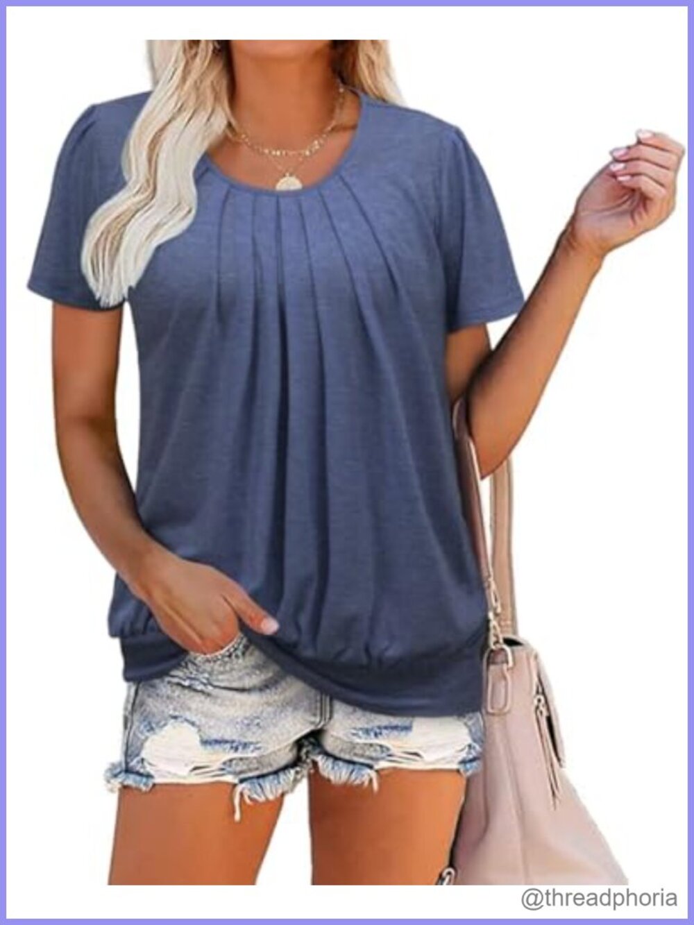 Womens Pleated Scoop Neck Short Sleeve Tunic Top Loose Fit Casual